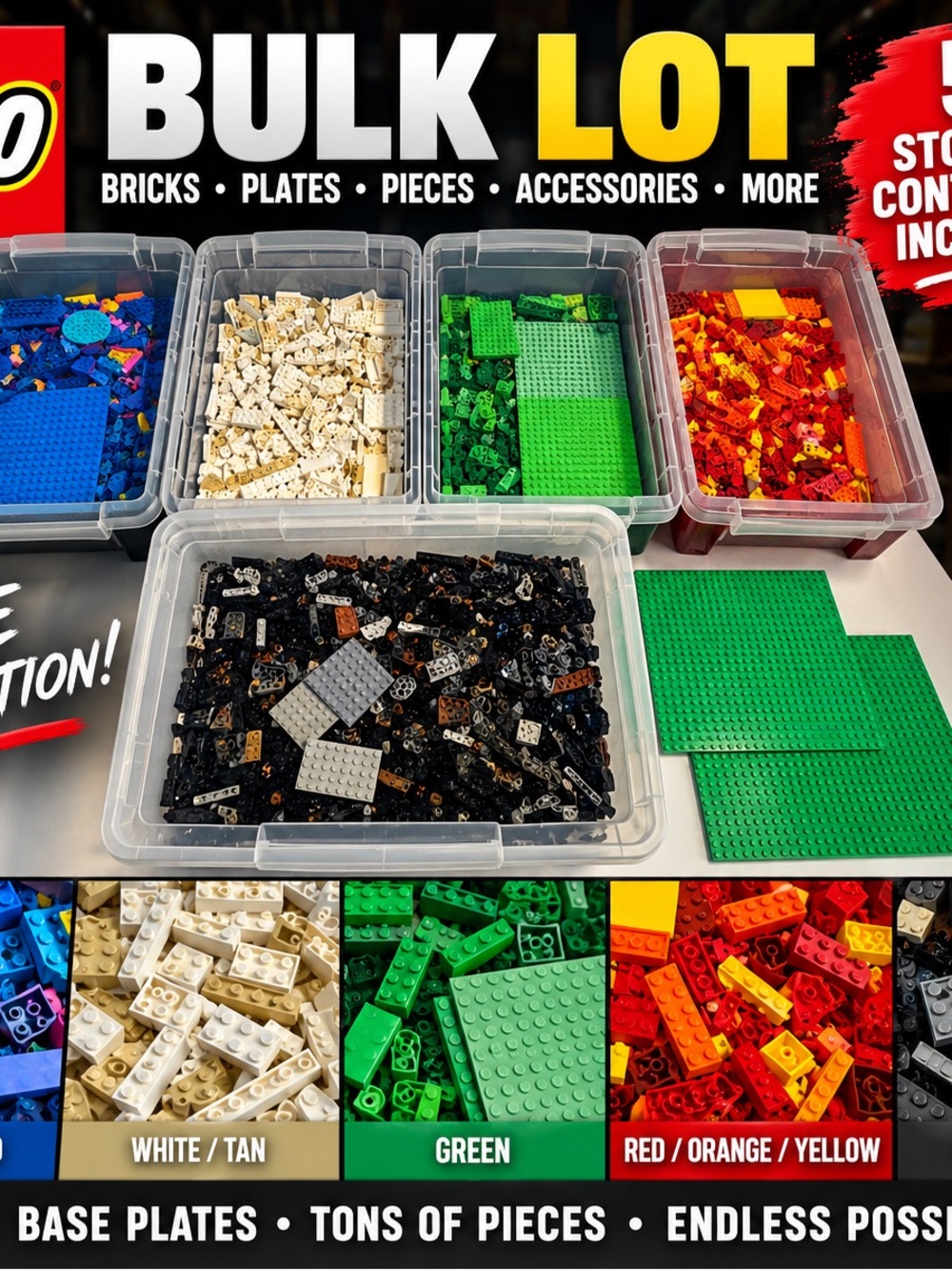 LEGO Bulk Parts Lot 5 Storage Bins Bricks Plates Mixed Colors Large Collection
